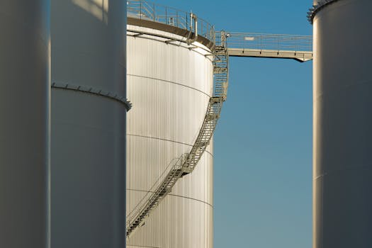 Close-up view of metal industrial silos with a connecting staircase against a clear blue sky.
