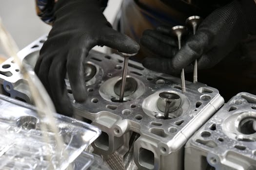 Close-up of mechanic's hands working on engine cylinder head assembly with valves.